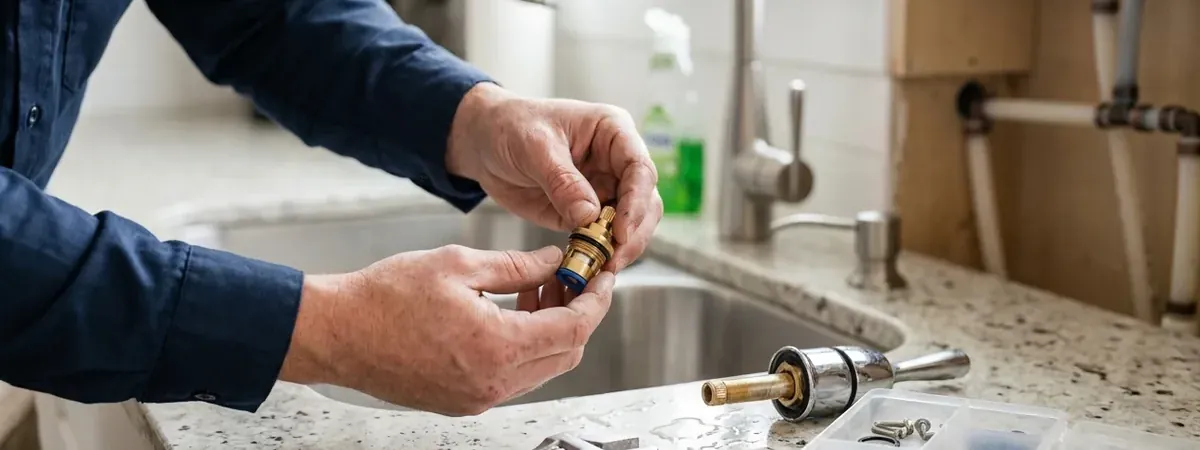 Plumber holding a faucet cartridge over a kitchen sink, illustrating faucet and fixture repair