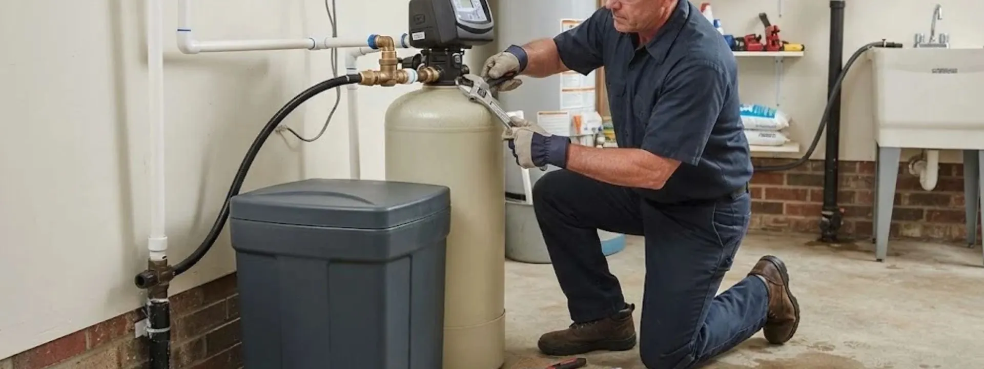 Technician servicing a water softener and brine tank in a garage