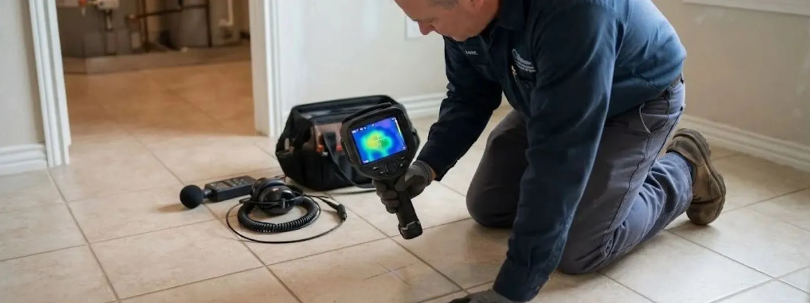 Technician on a tile floor using a thermal camera and listening gear to find a leak