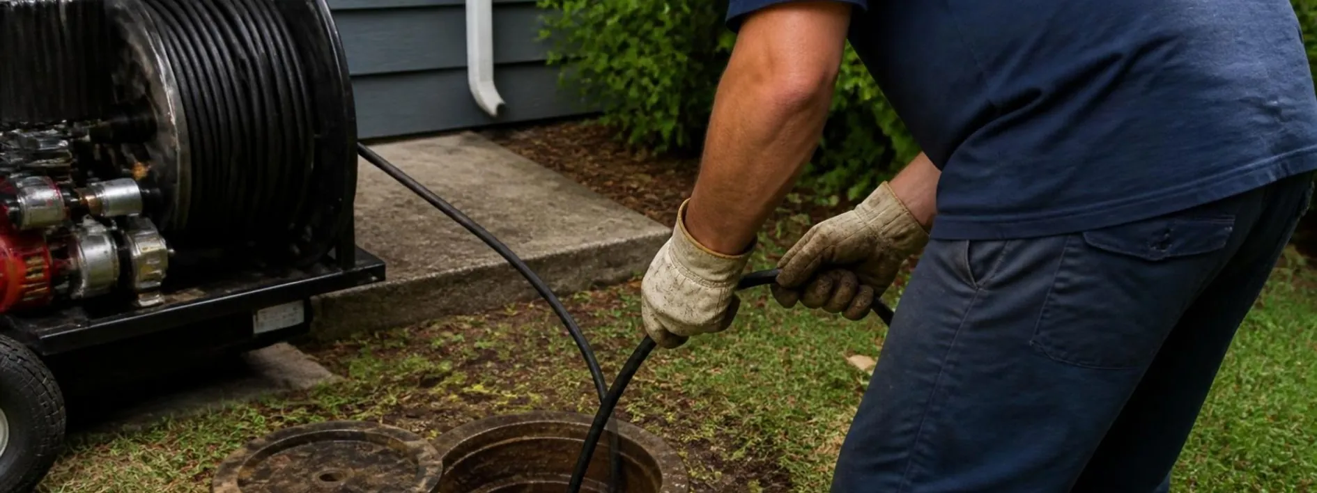 Plumber feeding a drain machine cable into a ground-level sewer cleanout