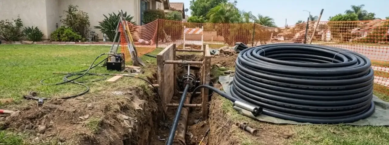 Open trench in a front lawn with pipe replacement equipment and a coil of black pipe beside a house