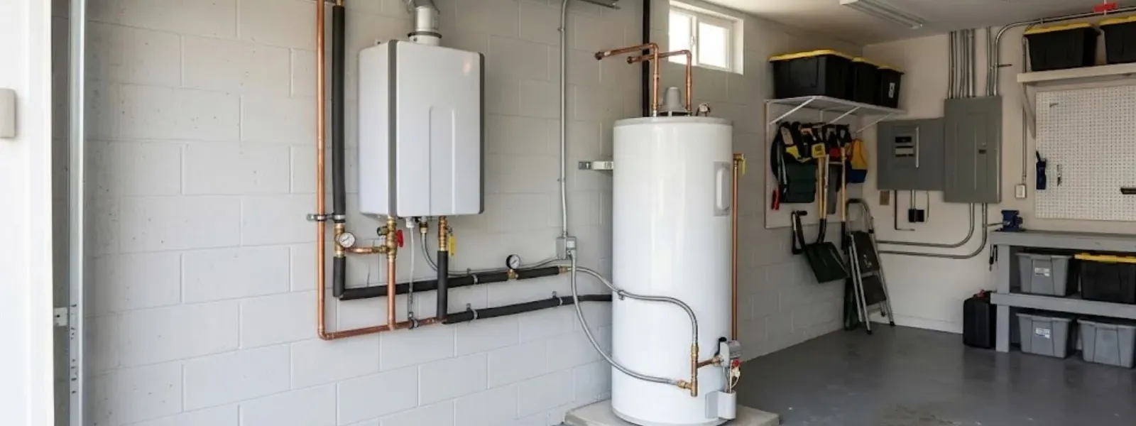 Wall-mounted tankless water heater beside a tank water heater in a garage, joined with copper pipe