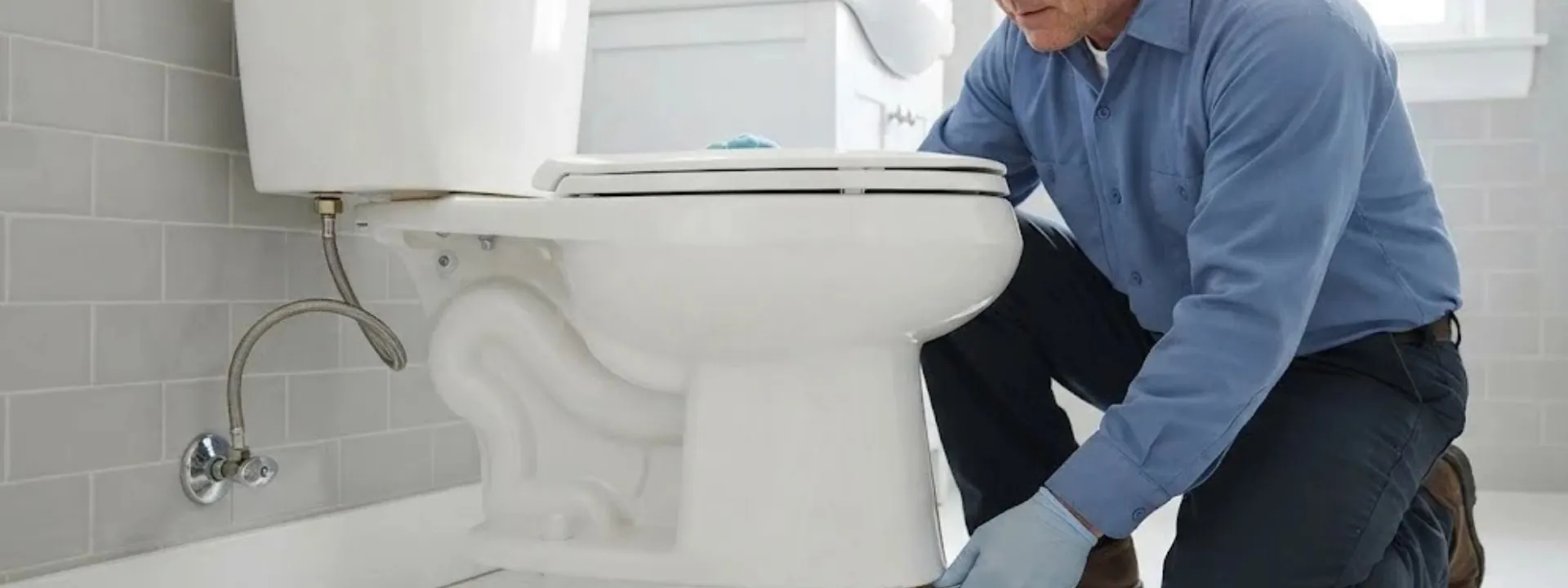 Plumber kneeling beside a toilet to repair it in a bathroom