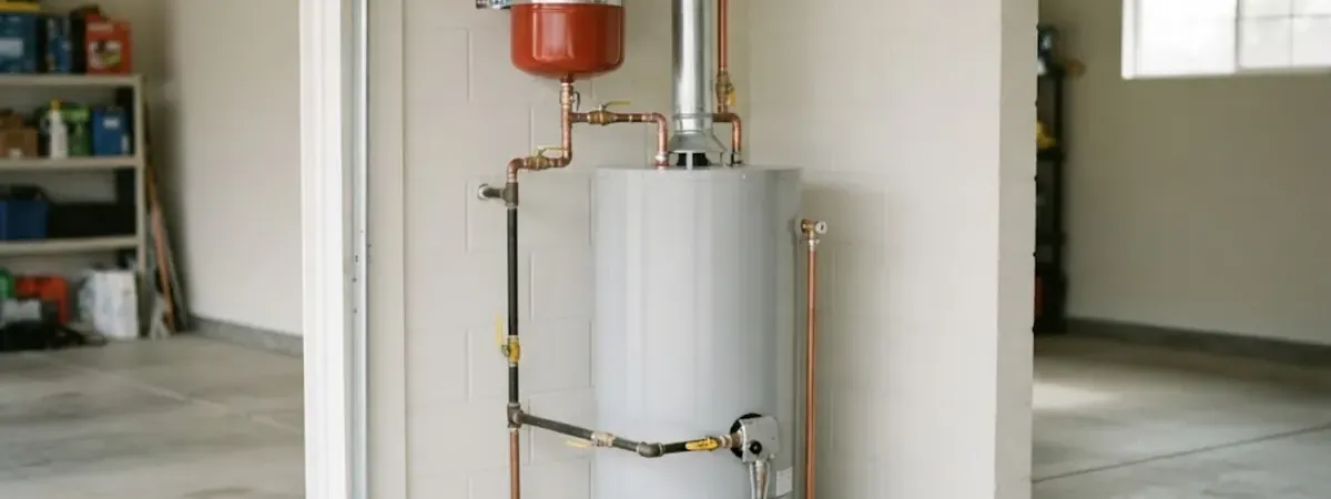 New white water heater with copper supply lines and an expansion tank installed in a clean garage