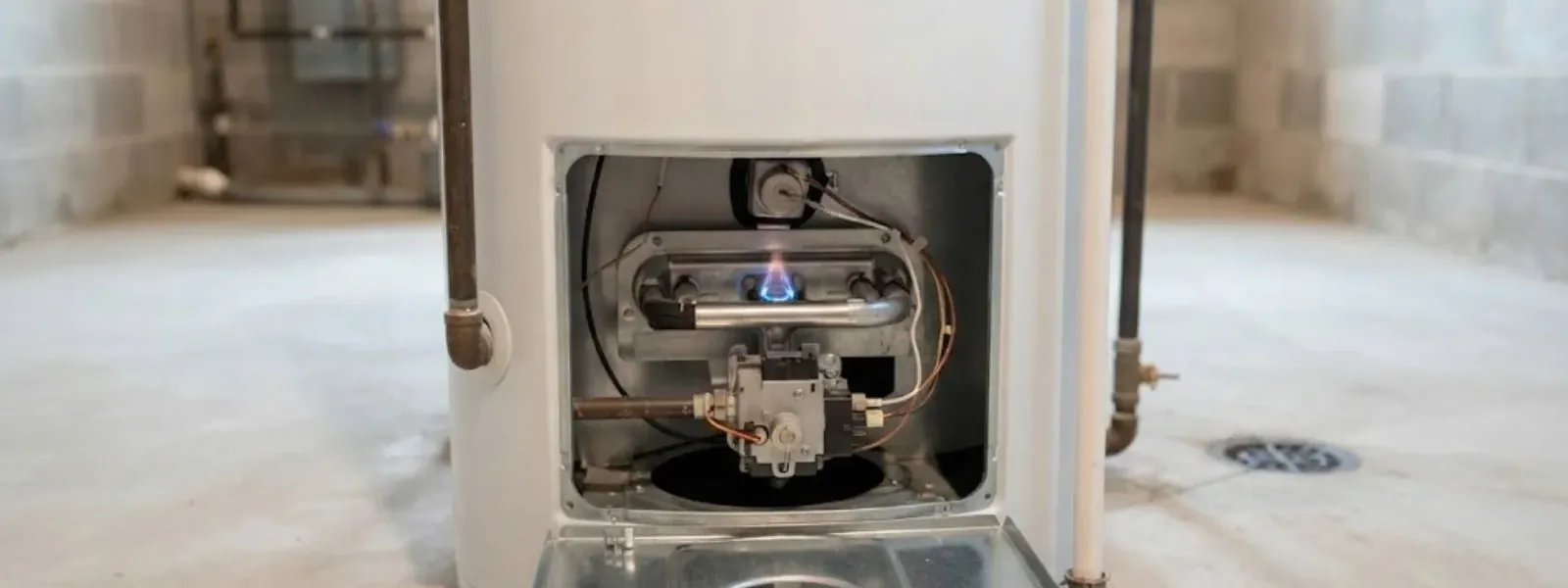 Gas water heater with the burner access panel open, showing the pilot flame and gas control valve